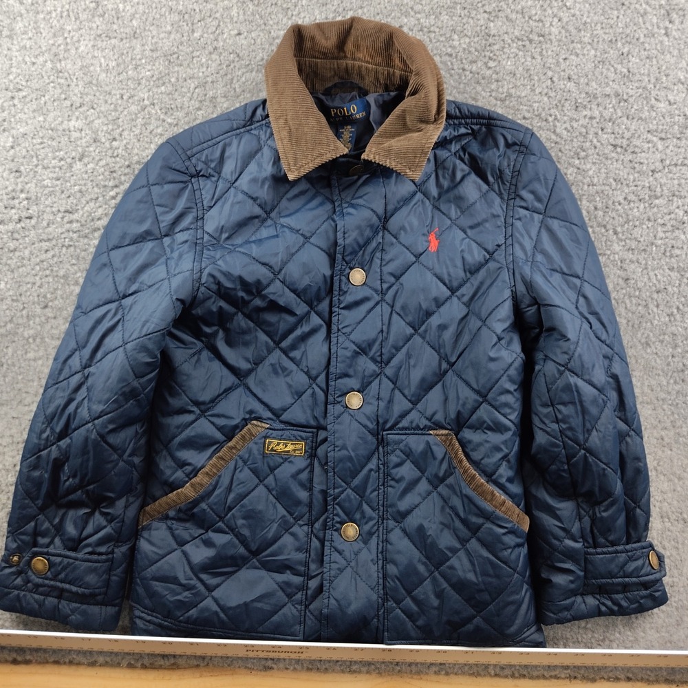 Polo Ralph Lauren Navy Blue Quilted Barn Jacket Boys 8 Corduroy Collar Preppy